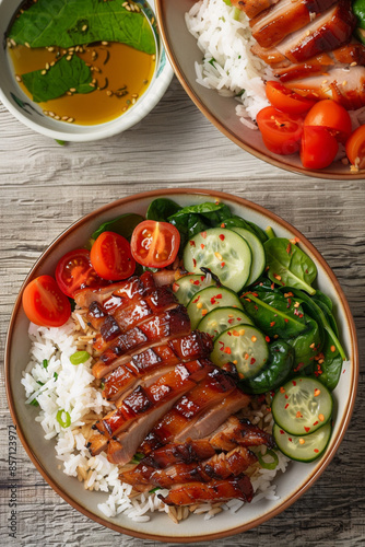overhead photo of delicious sliced char siu pork over rice with cucumber spinach and tomatoes