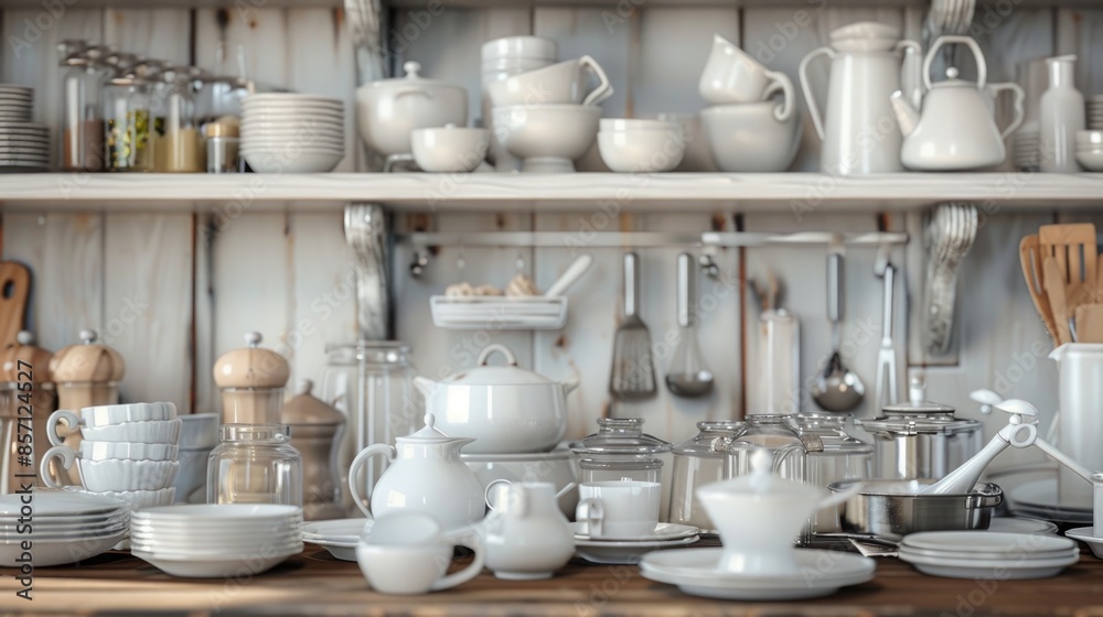 A wooden table set with multiple white plates, bowls, and cups A wooden table set with multiple white plates, bowls, and cups