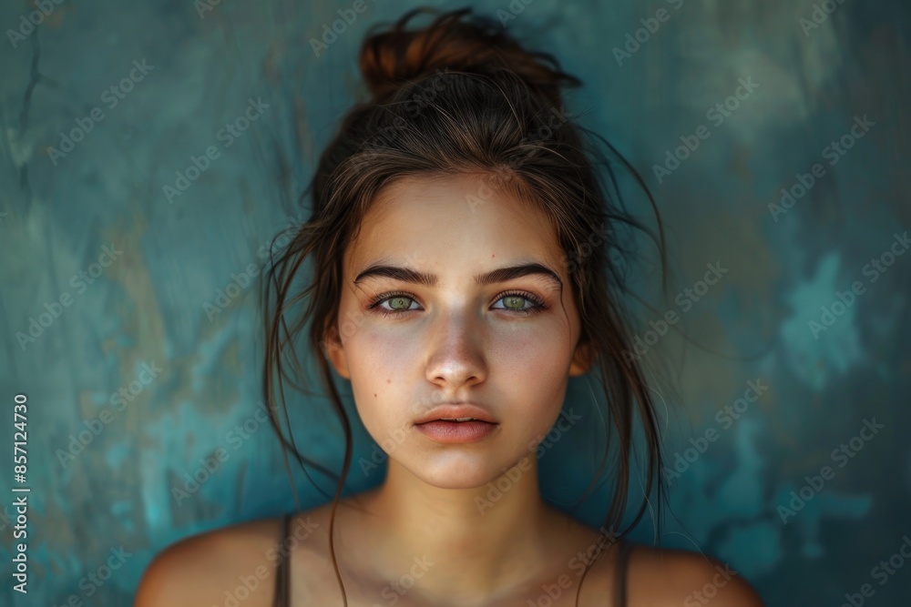 A beautiful young woman with a messy bun in her hair, suitable for use in editorial or lifestyle contexts A beautiful young woman with a messy bun in her hair, suitable for use in editorial or lifestyle contexts