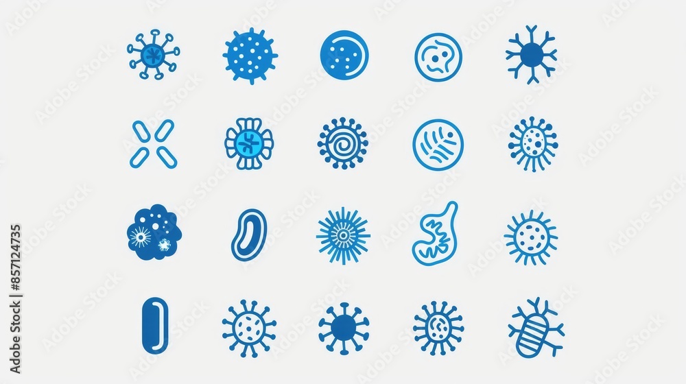 A collection of blue icons on a white background for various uses A collection of blue icons on a white background for various uses