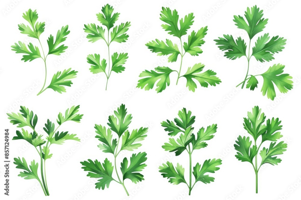 Fresh parsley leaves arranged on a clean white surface Fresh parsley leaves arranged on a clean white surface