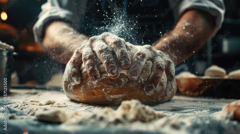 A person kneading a dough on a table A person kneading a dough on a table