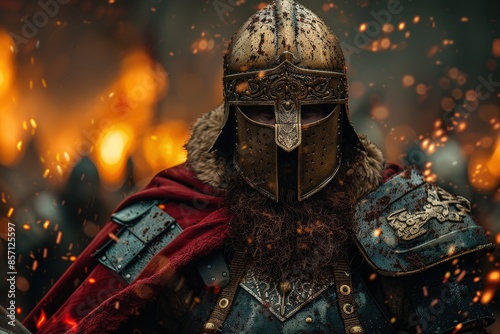 artistic ancient armor, battlefield, wide banner, open copy space, legendary war setting