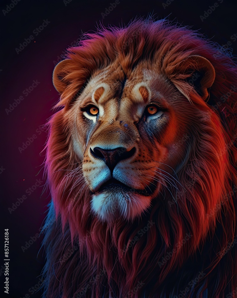 Naklejka premium A close-up portrait of a majestic lion's head with a flowing mane