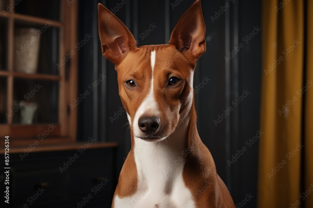 Portrait of a cute basenji dog in scandinavian-style interior background Portrait of a cute basenji dog in scandinavian-style interior background