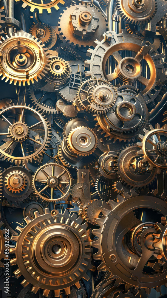 Shiny Gold and Silver Mechanical Gears Close-Up Shiny Gold and Silver Mechanical Gears Close-Up