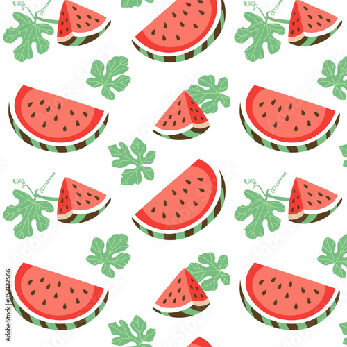 Watermelon seamless pattern. Berry slices and leaves on white background. Summer design for banners, holiday cards, flyers. Vector illustration.