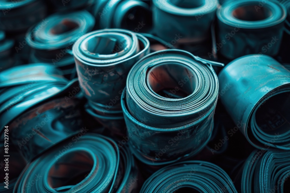 Pile of blue rubber storage rolls on a background Pile of blue rubber storage rolls on a background