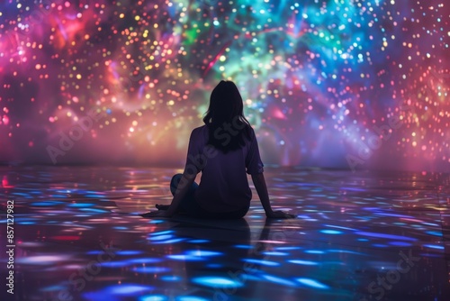 Woman Sitting in a Room with a Colorful Light Show.