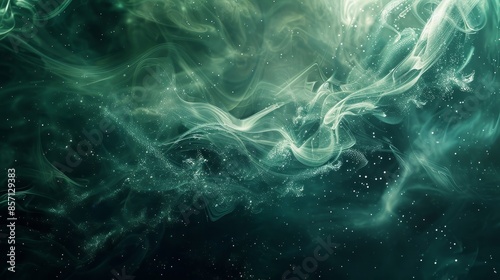 Abstract swirling smoke texture in green and blue with silver particles. background