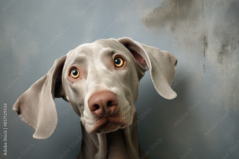 Portrait of a funny weimaraner dog over bare concrete or plaster wall Portrait of a funny weimaraner dog over bare concrete or plaster wall
