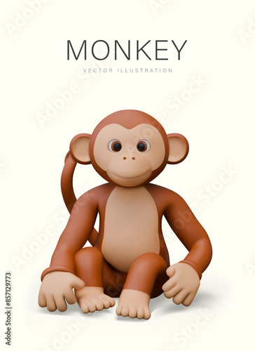 Vector vocabulary flash card for learning word monkey. Funny brown macaque