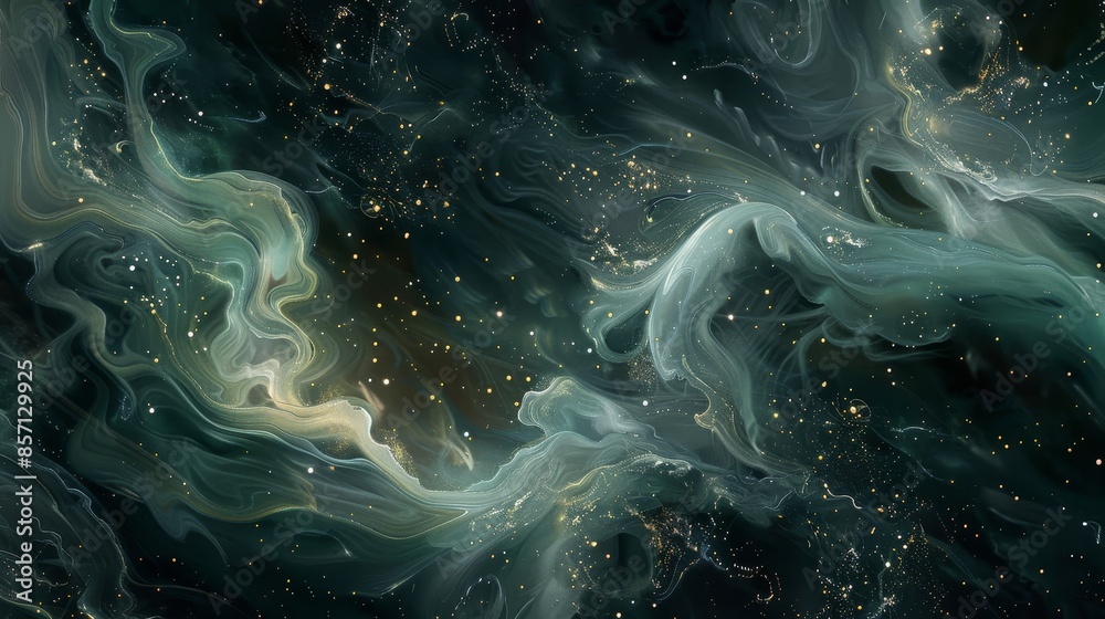 Smoke-like patterns in green and silver with gold dots on a starry background. background Smoke-like patterns in green and silver with gold dots on a starry background. background