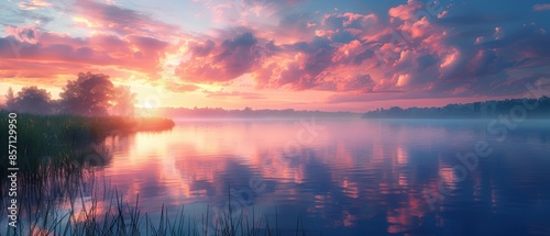 Serene Sunset Reflection on Calm Lake. © Starkreal