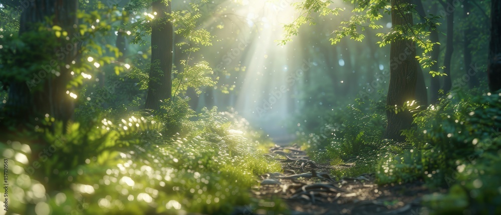 Sunbeams Through the Trees in a Lush Forest. Sunbeams Through the Trees in a Lush Forest.
