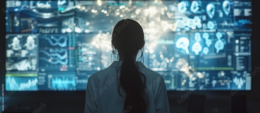 Silhouetted Woman Facing Digital Interface
