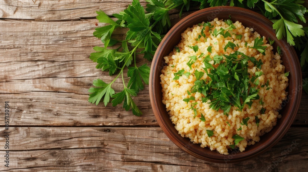 Tasty bulgur and parsley in a bowl on wooden table top view with text space Tasty bulgur and parsley in a bowl on wooden table top view with text space