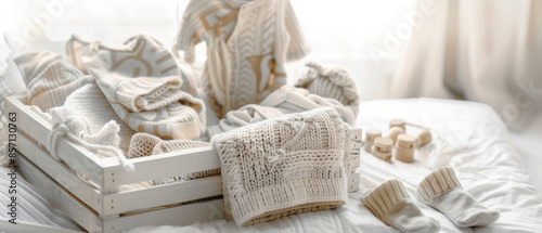 A delicate arrangement of knitted baby clothes and accessories on a soft, white background.