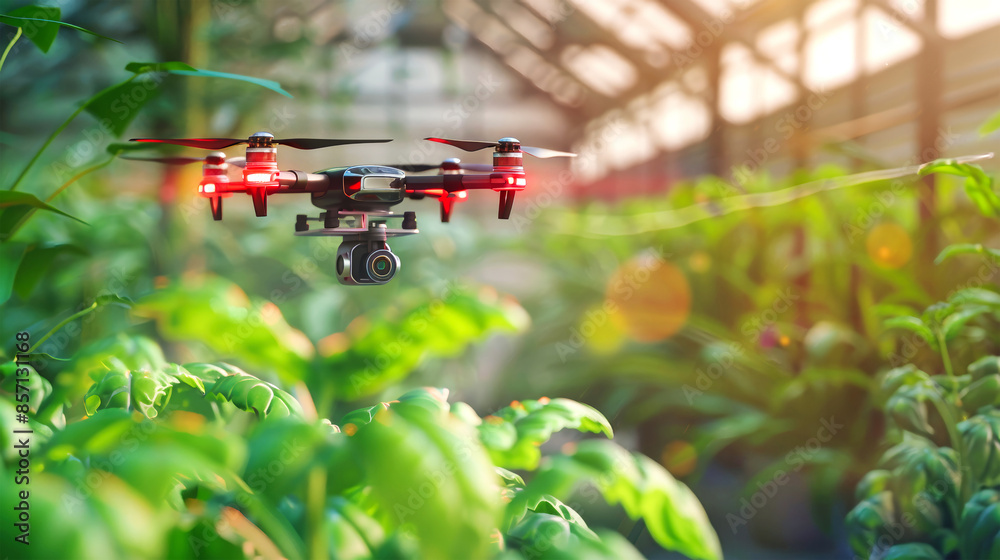 A drone with a camera flies through a greenhouse filled with vibrant green foliage, capturing the essence of a flourishing indoor garden