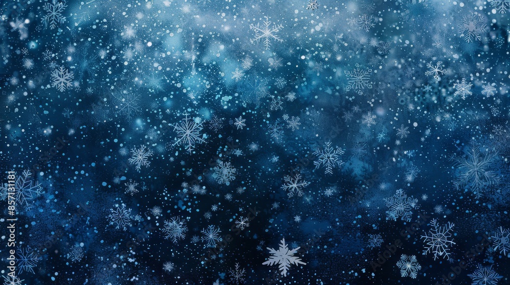 Obraz premium Snowflake patterns on cobalt blue to black gradient with silver particles. background
