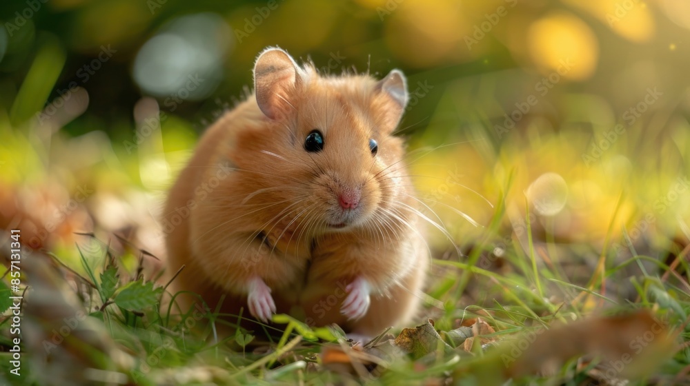 A small brown hamster stands on the edge of a lush green field, providing a cute and innocent scene A small brown hamster stands on the edge of a lush green field, providing a cute and innocent scene