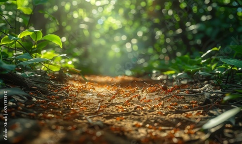 Ants scurrying along a forest trail