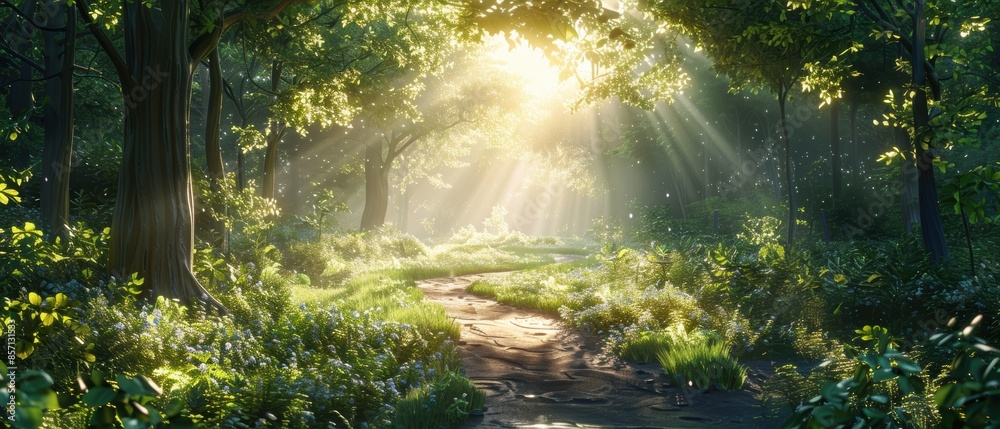 Sunbeams Through Forest Canopy. Sunbeams Through Forest Canopy.