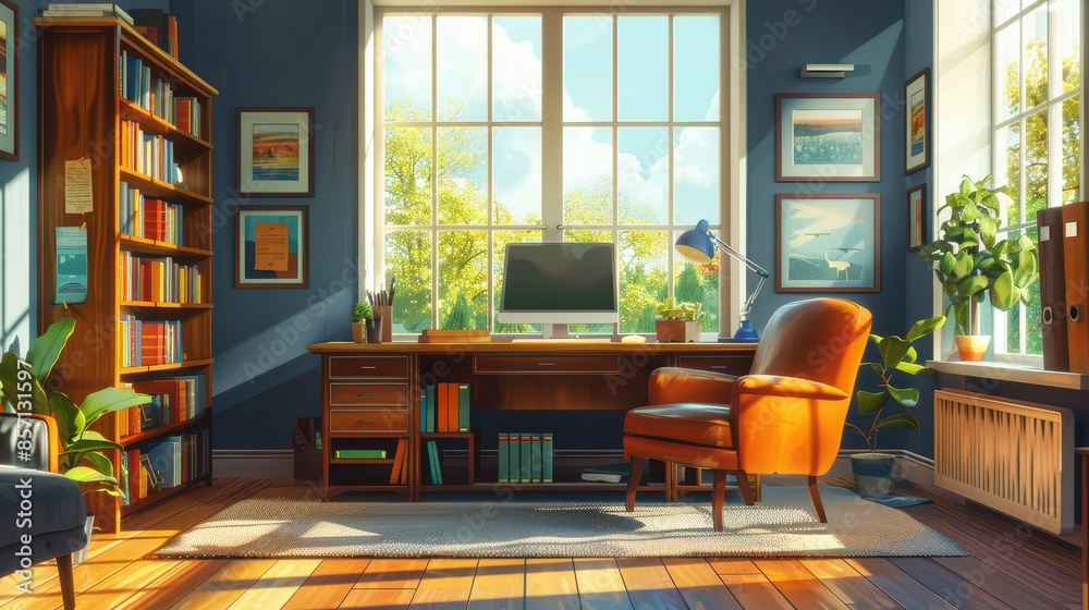 A stylish home office with a large desk, a comfy chair, and a bookshelf, illustration background A stylish home office with a large desk, a comfy chair, and a bookshelf, illustration background
