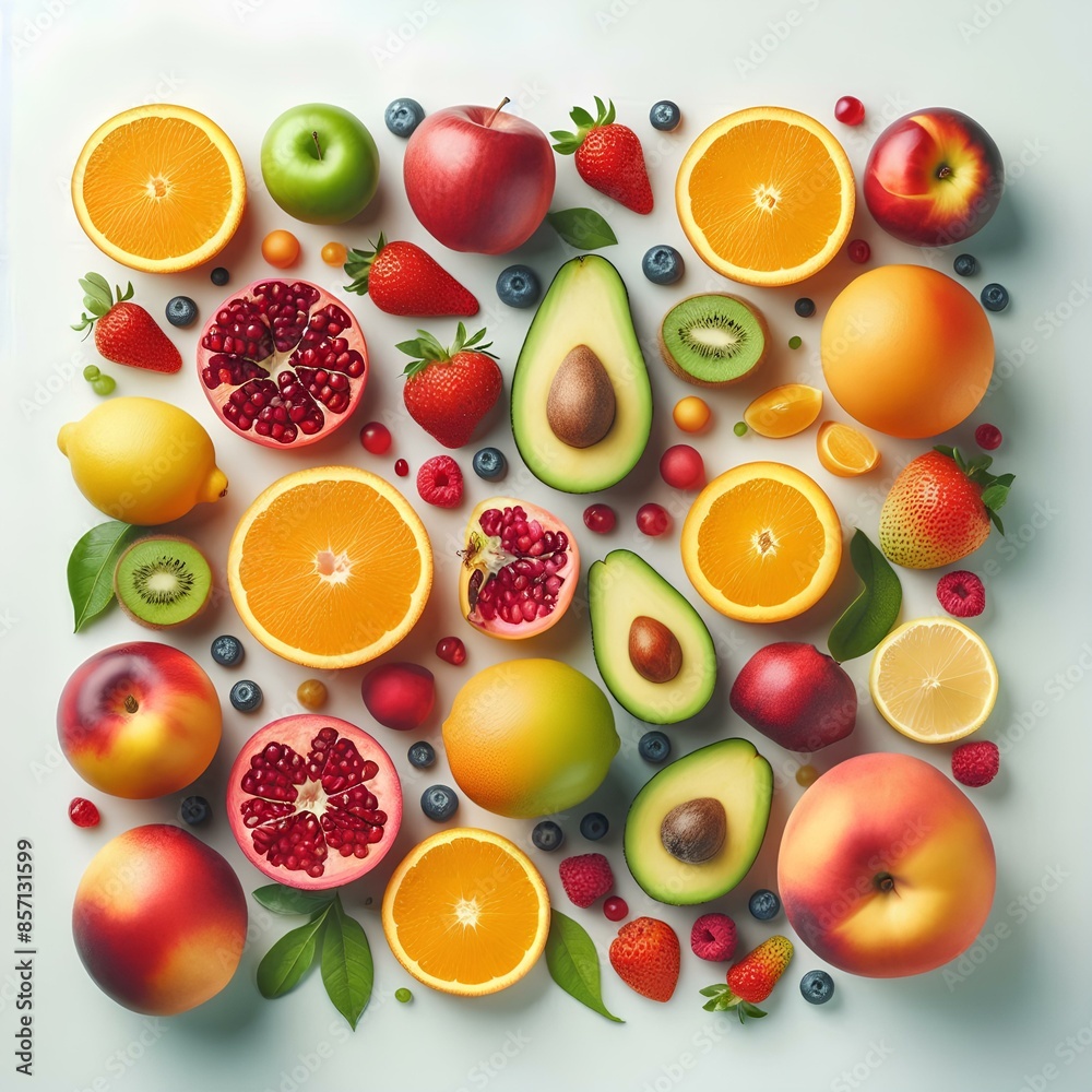 A variety of fruits and berries including apple, strawberry, pomegranate, mango, avocado, orange, lemon, kiwi, and peach, isolated on a white background.