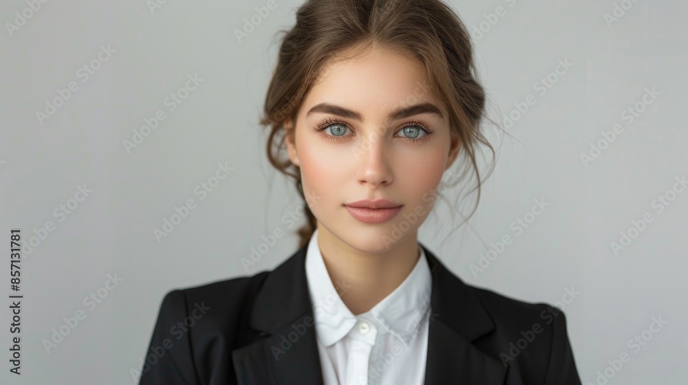 Portrait of a beautiful young girl with brown hair on a grey studio background. Portrait of a beautiful young girl with brown hair on a grey studio background.