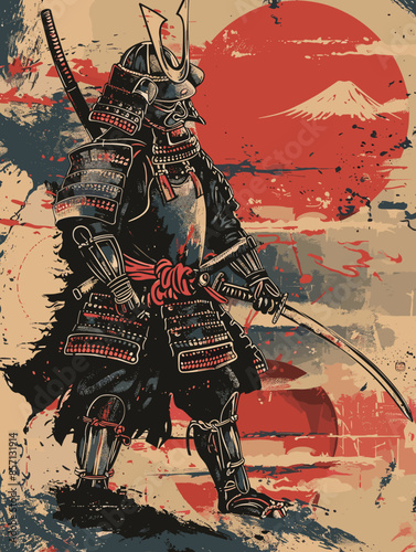 A samurai warrior is standing in front of a red sun, holding a sword. The image has a bold and powerful feel to it, with the red sun and the warrior's armor and sword creating a sense of strength