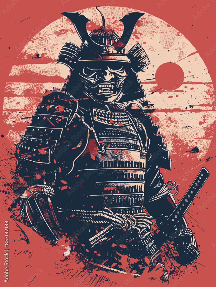 A samurai warrior is depicted in a red and black painting with a sword in his hand. The painting has a dark and moody atmosphere, with the samurai's face and the sword being the main focus A samurai warrior is depicted in a red and black painting with a sword in his hand. The painting has a dark and moody atmosphere, with the samurai's face and the sword being the main focus