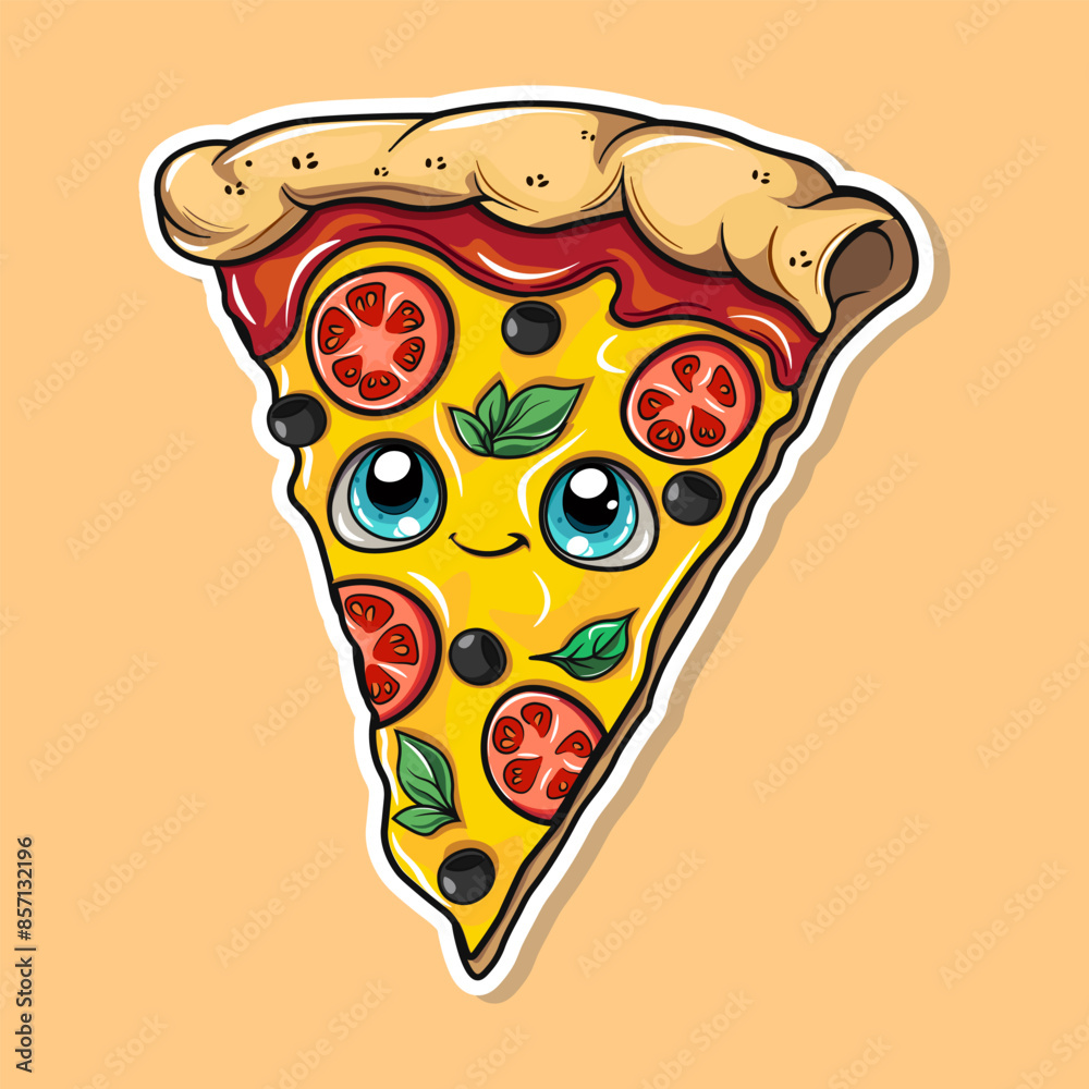 Cute piece of pizza sticker. Vector hand drawn cartoon kawaii character illustration icon. Isolated on peach background. Piece of pizza character concept Cute piece of pizza sticker. Vector hand drawn cartoon kawaii character illustration icon. Isolated on peach background. Piece of pizza character concept