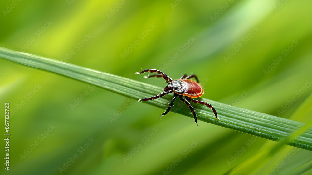 Close-up of a tick crawling on a blade of grass, highlighting the detailed anatomy and natural habitat of this small arachnid with a vibrant green background Close-up of a tick crawling on a blade of grass, highlighting the detailed anatomy and natural habitat of this small arachnid with a vibrant green background