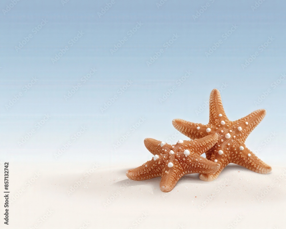 Two starfish on a sandy beach with a soft blue sky background, capturing a serene and peaceful coastal scene. Two starfish on a sandy beach with a soft blue sky background, capturing a serene and peaceful coastal scene.