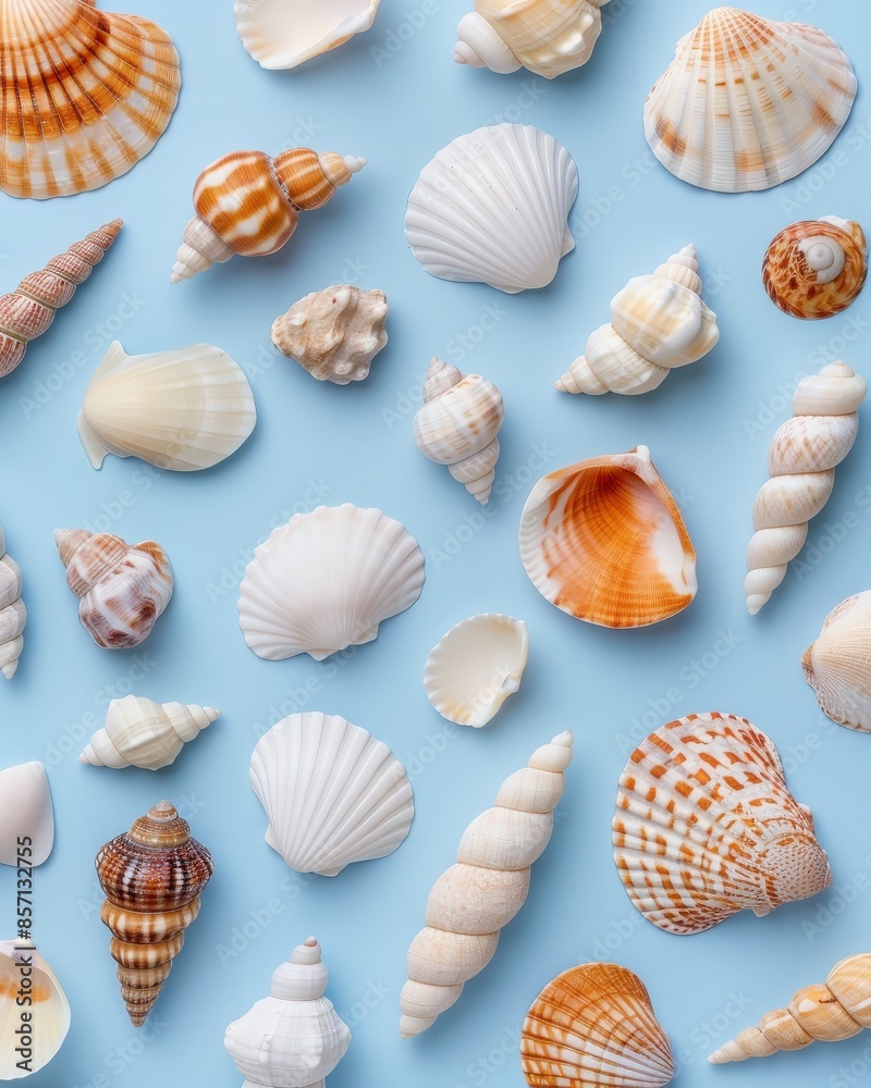 Variety of colorful seashells arranged on a light blue background, showcasing different shapes and sizes. Perfect for summer and beach themes. Variety of colorful seashells arranged on a light blue background, showcasing different shapes and sizes. Perfect for summer and beach themes.