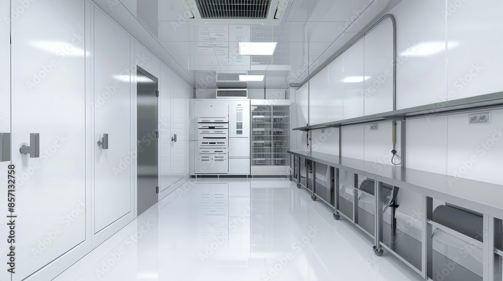 An empty industrial freezer with clean white walls and shiny floors, featuring a large walk-in freezer door and shelving units An empty industrial freezer with clean white walls and shiny floors, featuring a large walk-in freezer door and shelving units