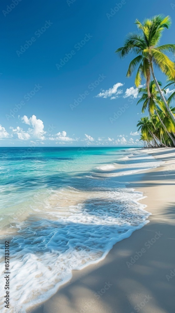 A tropical beach with swaying palm trees