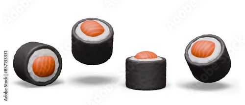 Vector sushi roll in different positions. Traditional Japanese dish with rice and red fish