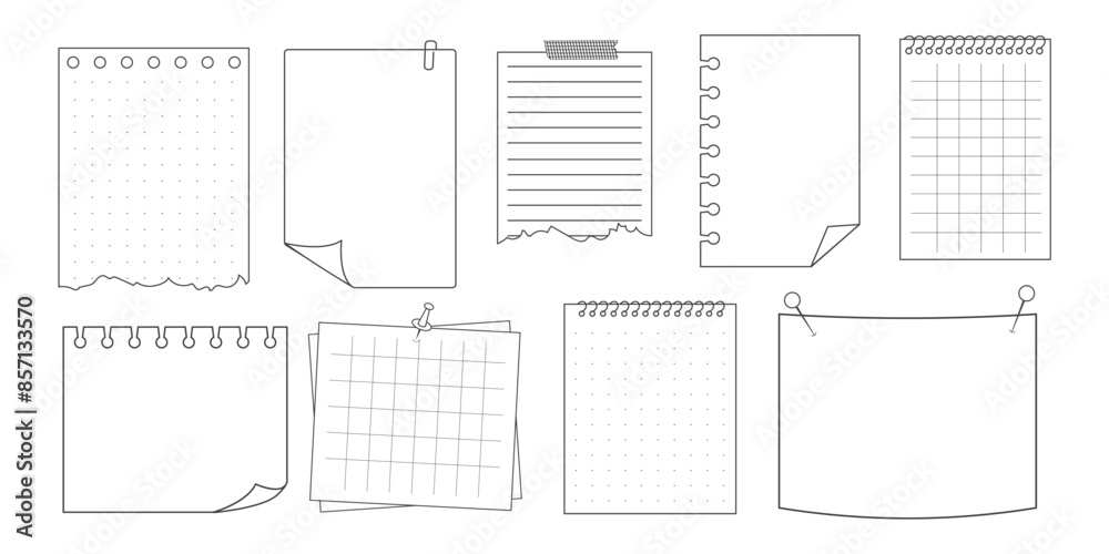 Memo sticky note reminder sheet paper. Doodle paper frame, check list with pin, tape, paperclip elements. Set cute notes, office or school messages.