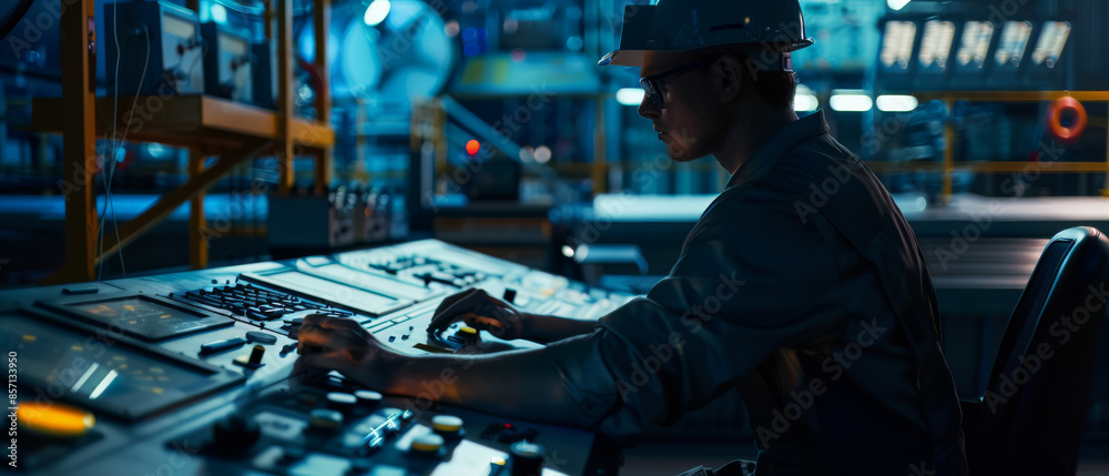 A focused technician in a hard hat operates complex machinery in a high-tech control room, surrounded by glowing screens and controls. A focused technician in a hard hat operates complex machinery in a high-tech control room, surrounded by glowing screens and controls.