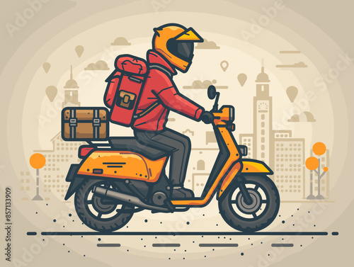 A man in a red jacket rides a scooter with a backpack on his back