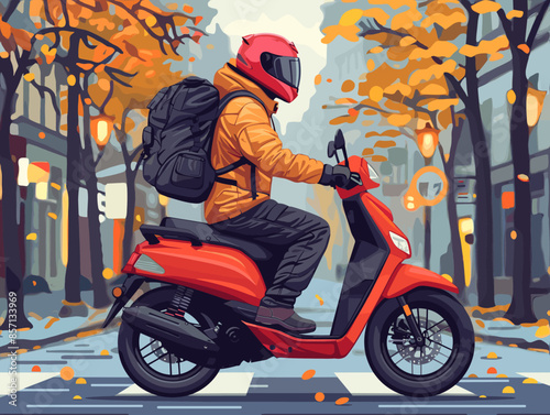 A man in a yellow jacket rides a red scooter down a street