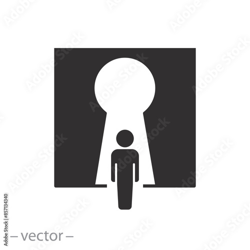 yourself belief icon, person in front of the keyhole, development and discovery inside identity, future opportunity freedom, flat symbol on white background - vector illustration