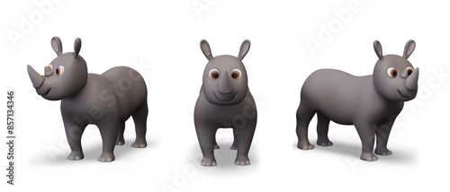 Realistic rhinoceros in different poses. Large gray wild animal with one horn