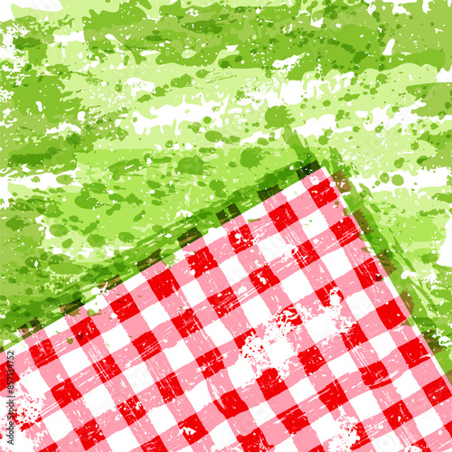 Picnic watercolor texture. Vector brush painted illustration. Square spring or summer background with tablecloth on green grass. Poster or banner with red gingham plaid on lawn