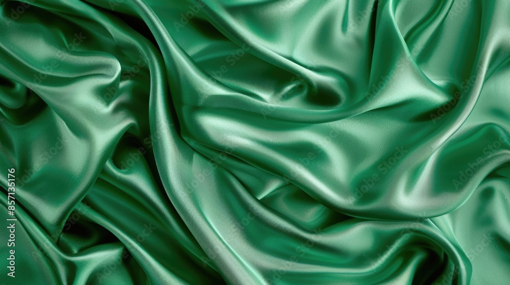 Beautiful green silk satin fabric background with waves and folds, top view. Beautiful green silk satin fabric background with waves and folds, top view.