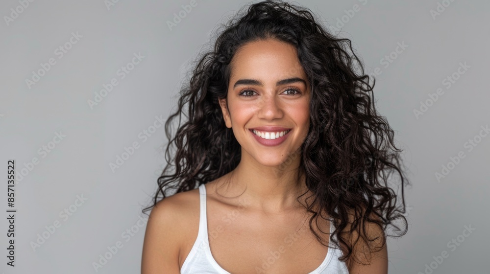 Beautiful woman with dark curly hair smiling on grey background. Beautiful woman with dark curly hair smiling on grey background.