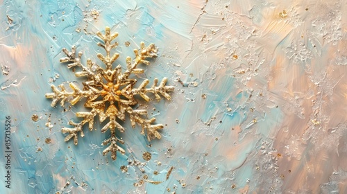 Winter themed greeting card with golden glitter snowflake on pastel background