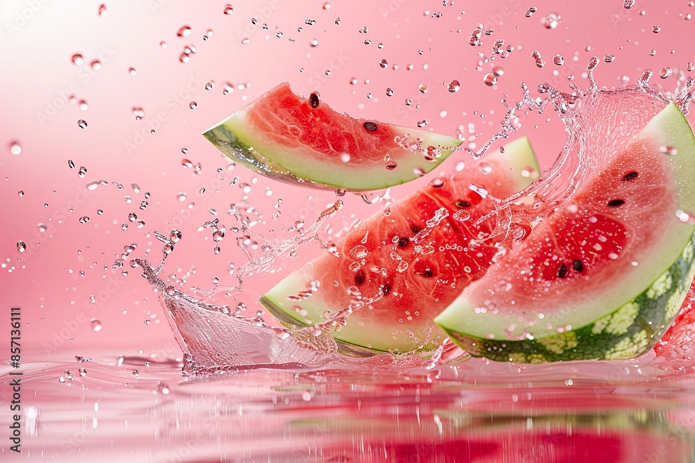 sliced watermelon in flight in splashes of water, on a pink background, food levitation sliced watermelon in flight in splashes of water, on a pink background, food levitation